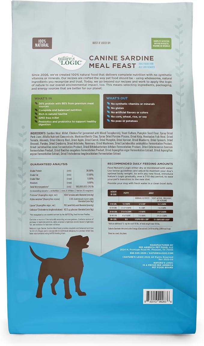 Nature's Logic Dry Dog Food - 100% Natural - No Synthetics - for All Ages Sizes Breeds - Free from Common Allergens High Protein - Sardine Meal Feast 13lbs