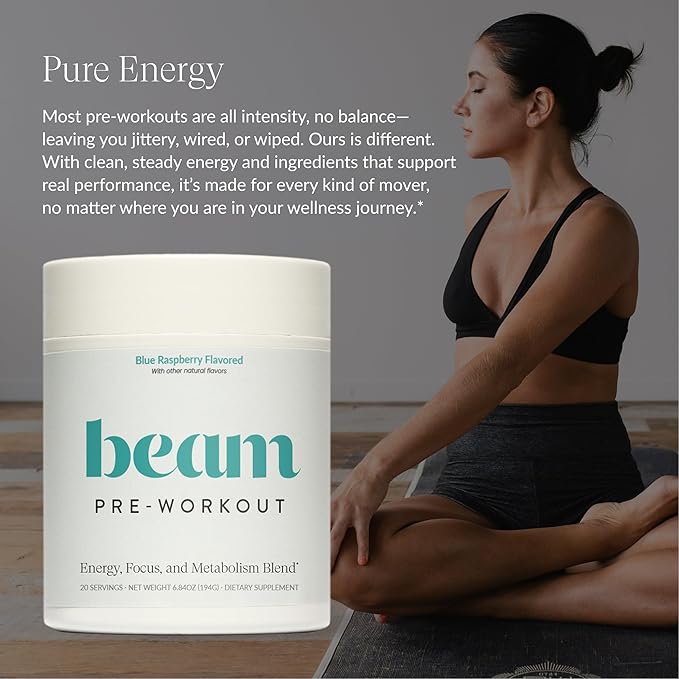 Beam Pre Workout Powder – Pre Workout Supplement with Organic Caffeine 350 mg Electrolytes &amp Nootropic Focus Support No Sugar Pre Workout for Women &amp Men Blue Raspberry Flavor 20 Servings
