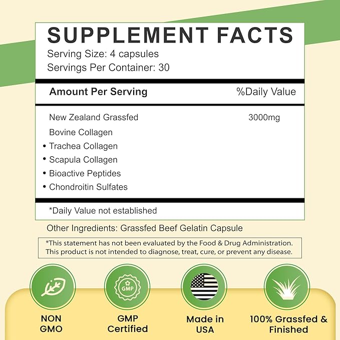Primal Being Grassfed Beef Cartilage Collagen (Type I-V &amp XI)- Supports Hair Skin Nails Joint Health Immunity Digestion Post Exercise Recovery - 120 Capsules 3000 mg per Serving