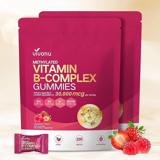 VivoNu Vitamin B Complex Gummies 6000 mcg Methylated Vitamin B12 with B6 B1 B2 B3 B5 B7 Methylfolate Vitamins A C D E Vegan Non GMO Methylated B Complex Vitamin (2 Bag)