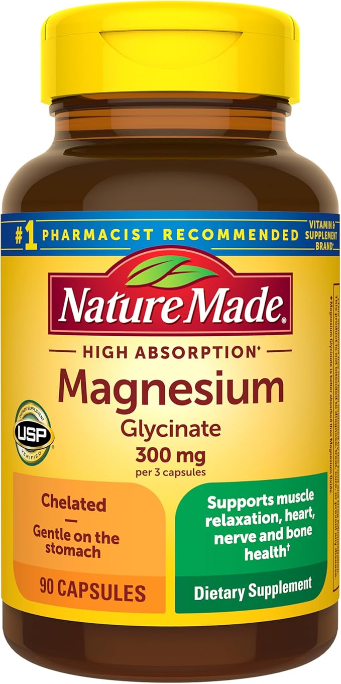 Nature Made High Absorption Magnesium Glycinate 300mg per 3 Capsules Magnesium Supplement for Muscle Heart Nerve and Bone Support 90 Magnesium Bisglycinate Capsules 30 Day Supply