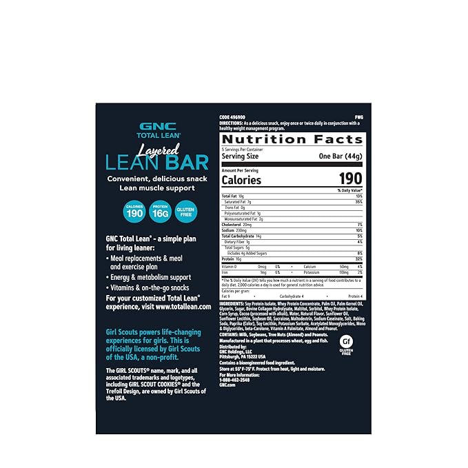 GNC Total Lean Layered Lean Bar | Hunger-Satisfying and High-Protein Snack Bar | Girl Scout Coconut Caramel | 5 Bars
