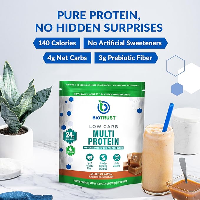 BioTrust Low Carb Protein Powder - Healthy Isolated Whey Protein Powder and Casein Blend from Grass-Fed Pasture-Raised Cattle Plus Digestive Enzymes - Salted Caramel 14 Servings