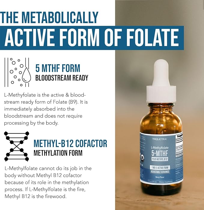 Organic Methyl Folate 1000 mcg + Methyl B12 Cofactor (300 Servings) – Metabolically Active 5-MTHF Form Organic Berry Flavor Liquid Sublingual Form – Mood Cognition Methylation Pregnancy (1oz)