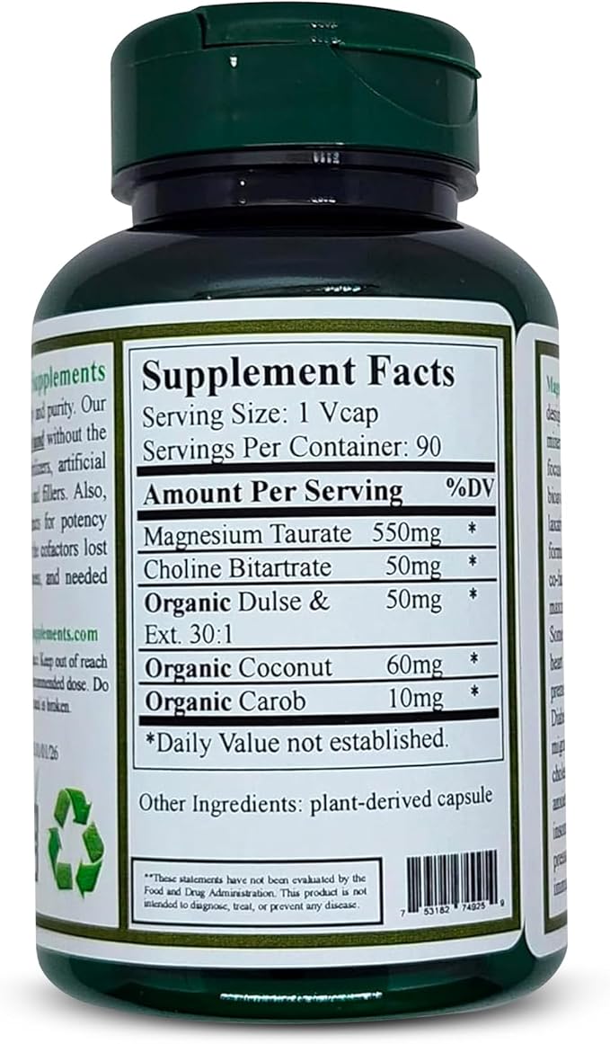 Magnesium Taurate High Absorbable 90 VCaps Non-GMO Vegan &amp Gluten Free Made with Organic Wild-Crafted and Natural Ingredients (Pack of 5)