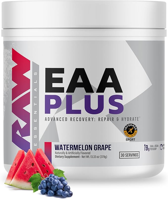 RAW EAA Plus Amino Acids Powder Watermelon Grape (30 Servings) - Pre Workout Amino Energy Powder for Advanced Endurance Recovery &amp Lean Muscle Growth - BCAA Amino Acids Supplement for Men &amp