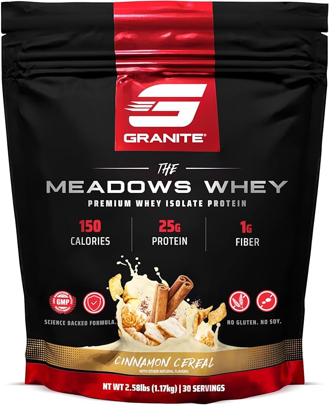 Granite Supplements The Meadows Whey Protein Isolate Protein Powder for Lean Muscle with 150 Calories 2g Fiber 1g Sugar (30 Servings) Cinnamon Cereal Flavor