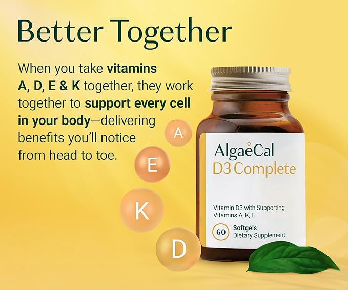 ALGAECAL 4-in-1 Vitamin D3 K2 Complete - ADK Vitamin Supplement Enhanced Immune Support &amp Bone Health with D3 K2 A &amp E - Whole Body Wellness &amp Bone Strength 60 Easy-Swallow Softgels