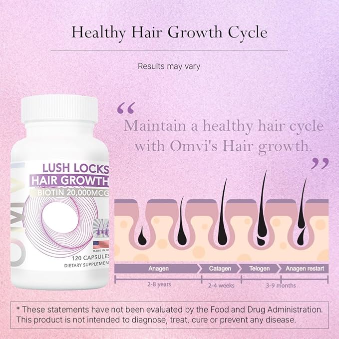 Omvi Formulas Hair Growth Supplement with Biotin 20000mcg Collagen Keratin Vitamin A C D3 &amp B12 Stronger Hair Skin and Nails Non-GMO Gluten Free 120Capsules