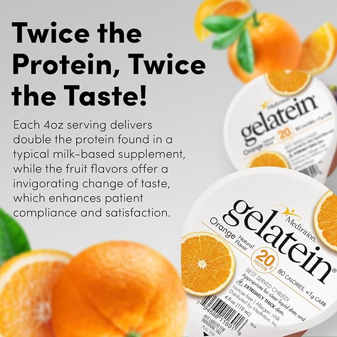 Gelatein Orange: 20 grams of protein. Sugar free. Ideal for clear liquid diets swallowing difficulties bariatric dialysis and oncology. Great pre or post-workout snack. (12 pack)