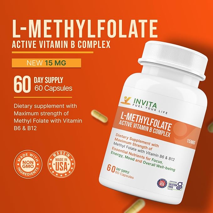 INVITA L-Methylfolate 15mg + Active Vitamin B Complex – 60 Capsules - 5-MTHF Supplement with Vitamin B6 &amp B12 Methylcobalamin for Mood Energy and Heart – Non-GMO Gluten Free 2-Month Supply