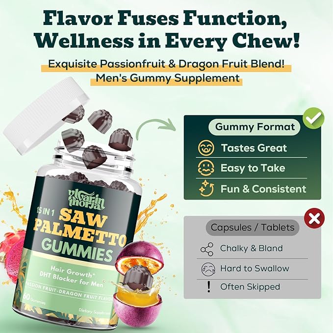 Saw Palmetto Gummies for Men – 600mg Extra Strength DHT Blocker with Biotin Pumpkin Seed – Supports Prostate Function Urinary Flow &amp Hair Regrowth Supplement 60 Passionfruit-Dragonfruit Gummies