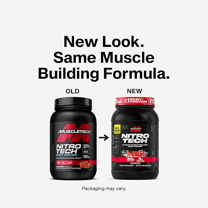 Muscletech Whey Protein Powder (Strawberry 2.2 Pound) - Nitro-Tech Ultimate Muscle Building Formula with Whey Protein Isolate - 30g of Protein 3g of Creatine &amp 6.8g of BCAA - Packaging May Vary