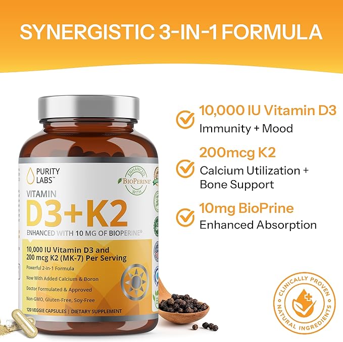 Purity Labs Vitamin D3 K2 10000 IU (250mcg) D3 + 200mcg K2 MK7 - Immune Support Supplement Enhanced with Bioperine - Supplements for Daily Defense Bone Muscle &amp Skin Health - 120 Capsules