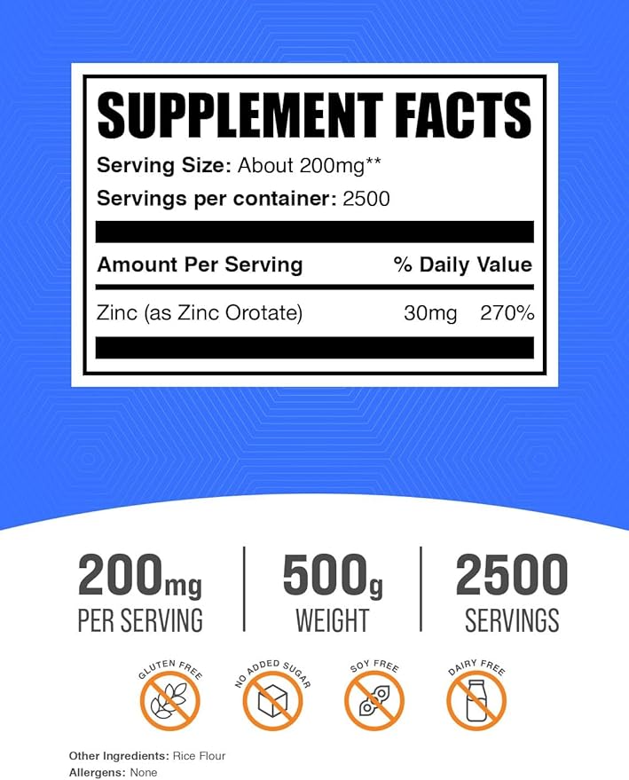 BulkSupplements.com Zinc Orotate Powder - Zinc Minerals Supplement for Immune Support - Gluten Free 200mg per Serving 500g (1.1 lbs) (Pack of 1)