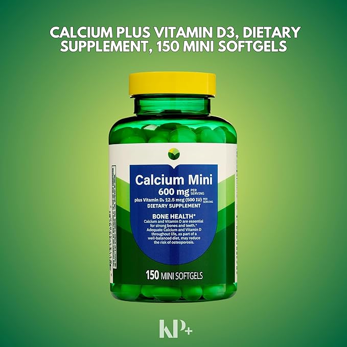 KP+ Calcium Mini 600 mg Plus Vitamin D3 12.5 mcg (500 IU) | Bone &amp Teeth Health Support | Dietary Supplement | 150 Mini Softgels | Pack of 2