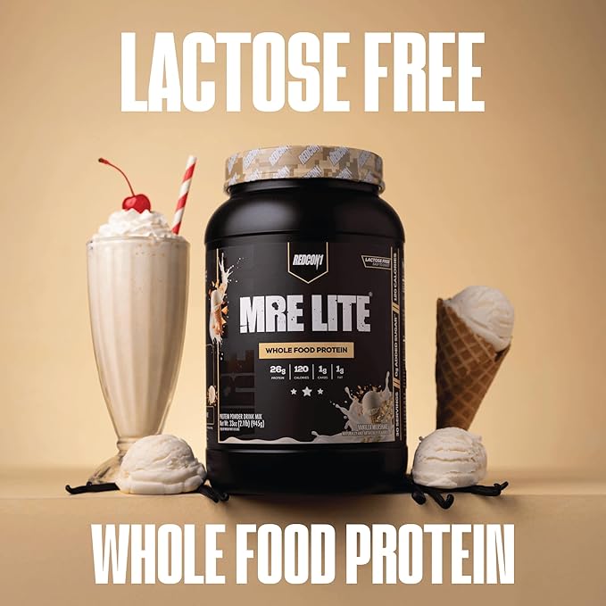 REDCON1 MRE LITE Whole Food Protein Powder Vanilla Milkshake - Lactose Free &amp Sugar Free Meal Replacement with Animal Protein Blends - Easy to Digest Formula - Only 1g Carb per Serving (30 Servin