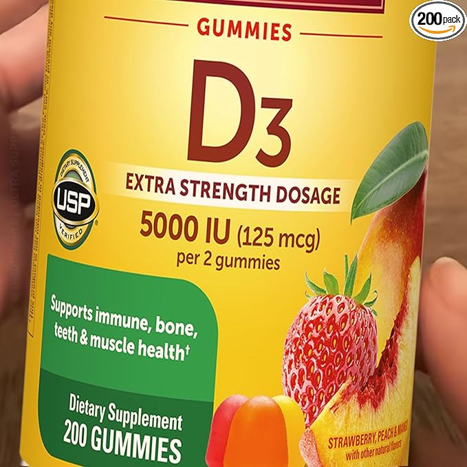 Nature_Mades Vitamin D3 Gummies 5000 IU (200 Count. Value Pack) - Extra Strength 125 mcg - Supports Bone Teeth &amp Muscle Health - Strawberry Peach Mango Flavor
