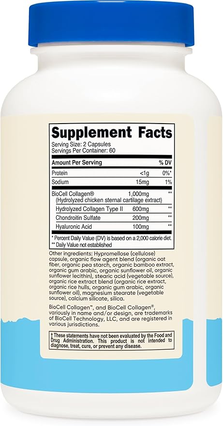 Nutricost BioCell Collagen (1000mg) 120 Capsules - Hydrolyzed Type II Collagen Supplement GMO-Free Gluten-Free 60 Servings