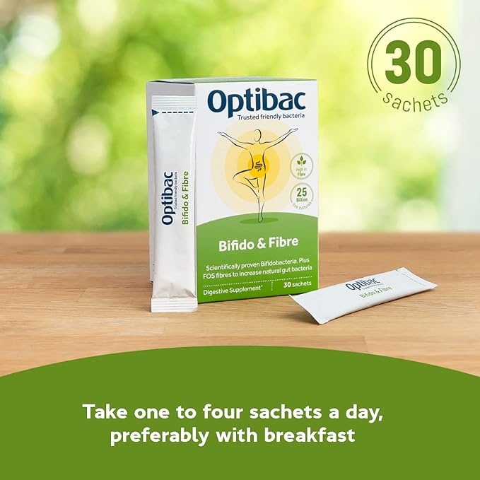 Optibac Probiotics Powder with Bifidobacteria &amp Fibre - 30 Sachets | 25 Billion CFU + 4 g FOS Fibre | Vegan Probiotic &amp Prebiotic Blend | Shelf Stable &amp Gluten Free | for Everyday Digestiv