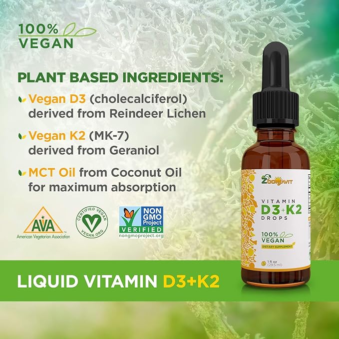 Vegan Liquid Drops Vitamin D3 K2 (MK7) - 100% Plant Based Liquid Vitamin D Enhanced with Coconut Oil for Max Absorption - 1 Serving = 1000 IU VIT D3 and 200 mcg VIT K2
