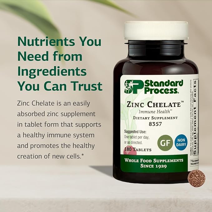 Standard Process Zinc Chelate - Offers Natural Immune Support &amp Aids Skin Health - Excellent Source of Zinc - Gluten-Free Non-Dairy &amp Non-Soy - 180 Tablets