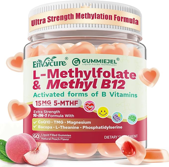 L-Methylfolate 15mg &amp 2000 mcg Methyl B12 Gummies Extra Strength Methylation Support for Women and Men Active 5-MTHF with CoQ10 Magnesium TMG L-Theanine B1 B2 B6 B9 for Cognitive Energy60