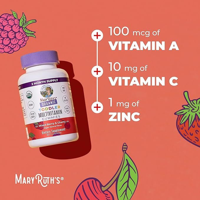 MaryRuth's Organic Toddler Multivitamin Gummies | Ages 4+ | Vitamin A C D E B6 B12 Biotin Iodine Zinc | Immunity | Bone &amp Teeth Health | Skin &amp Vision Support | Vegan | Gluten Free | 6