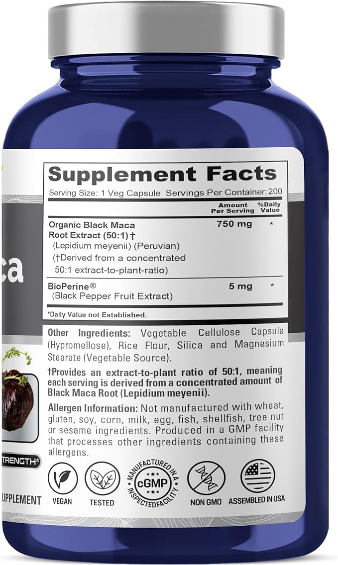 NusaPure Peruvian Black Maca Root 750 mg 200 Veg Capsules ((Non-GMO Vegan)