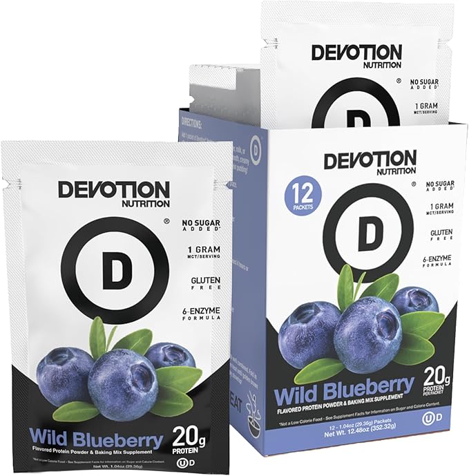 Devotion Nutrition Protein Powder Blend Wild Blueberry 12 Single Serve Packets 20g Whey and Micellar Protein No Added Sugar Keto-Friendly with 1g MCT Gluten-Free Kosher