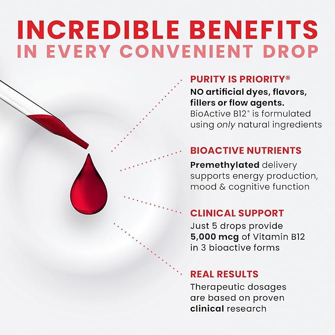 Pure TheraPro BioActive Vegan Methylated Vitamin B12 Sublingual Liquid Methylcobalamin Hydroxocobalamin &amp Adenosylcobalamin 1000 mcg per Drop (5 Drops = 5000mcg / 2 Month Supply) 10 ml