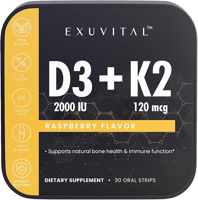 Vitamin D3 + K2 Oral Strips – 30 Count | 100% Natural Gluten‑Free | Immunity Support &amp Bone Health | Fast‑Dissolving Raspberry Strips for Daily Wellness