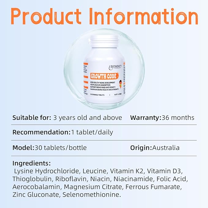 1 Pack Growth Code Natural Growth Supplement for Children and Teens - Vitamins D3 K2 Niacinamide Bone Strengthening - Children's Vitamins Made in Australia 30 Tablets