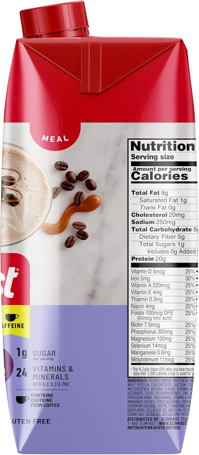 SlimFast Protein Shake with Caffeine Caramel Macchiato- 20g Protein Meal Replacement Shakes High Protein with Low Carb and Low Sugar 24 Vitamins and Minerals 12 Count (Pack of 1)