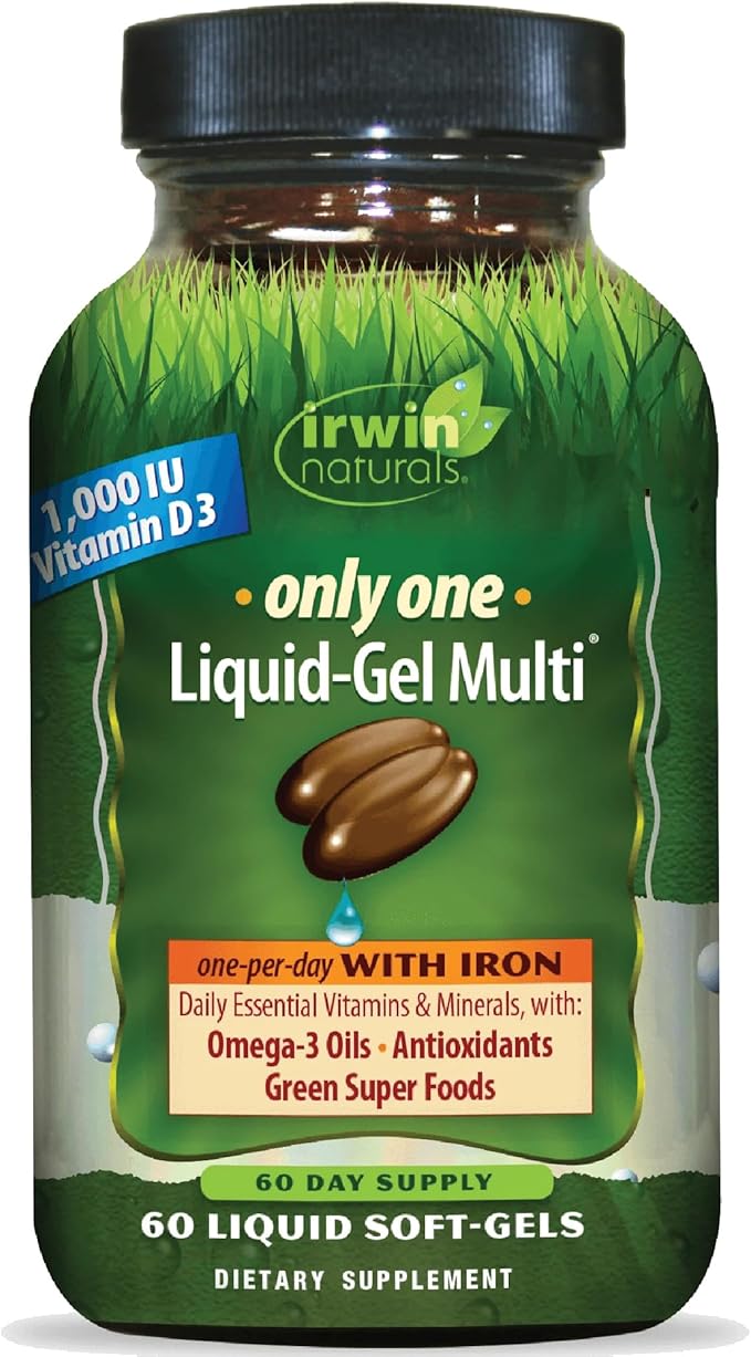 Irwin Naturals Only One Liquid-Gel Multi - 60 Softgels - One-Per-Day Multivitamin with Iron Omega-3 Oils Antioxidants &amp Green Super Foods