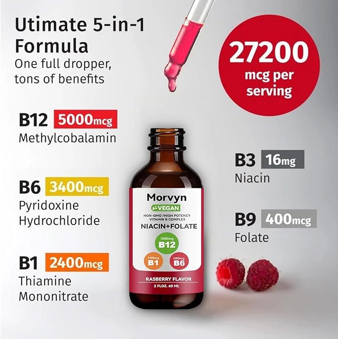 Morvyn Essential Vitamin Liquid Drops | 5-in-1 Vitamin B Complex Liquid Drops | B12 B6 B1 Drops - 60ml (1pc)