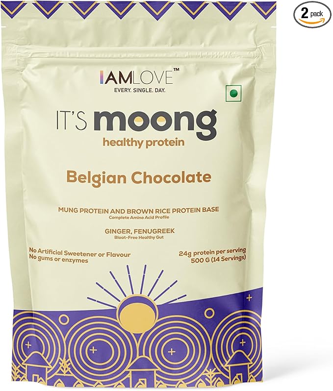 I AM LOVE It’s Moong Healthy Protein for Women &amp Men Vegan Protein Powder with Moong &amp Brown Rice Isolate 24 gm of Protein Easy to Digest &amp Gluten Free Belgian Chocolate Flavour (500g)