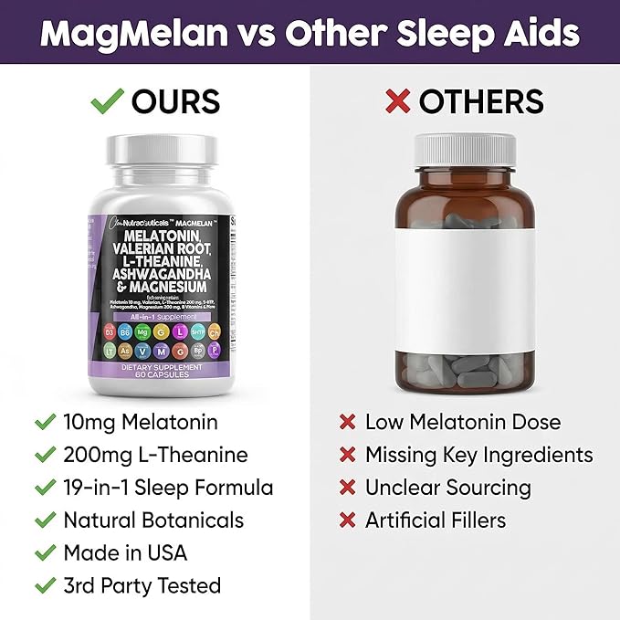 Clean Nutraceuticals Melatonin 10mg Valerian Root L Theanine 200mg Ashwagandha - Sleep Support for Women &amp Men with Magnesium Complex Lemon Balm Chamomile &amp Passion Flower - 60 Caps