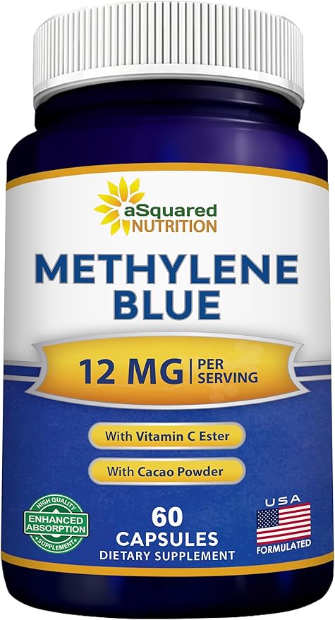 aSquared Nutrition Methylene Blue Capsules - Pharmaceutical Grade Supplement for Humans - 12mg Per Serving USP Grade - w/Vitamin C &amp Cacao Powder - Brain Focus Energy - Alt to Drops &amp Tablet
