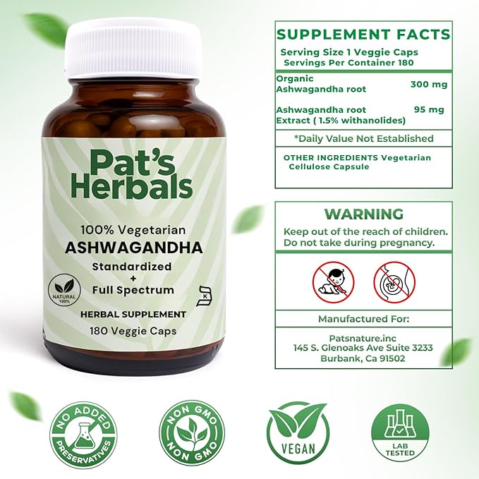 Pat's Herbals Ashwagandha Capsules | 180 Count | 600mg Pure Ashwagandha Root | Vegan &amp Non-GMO | USA Grown