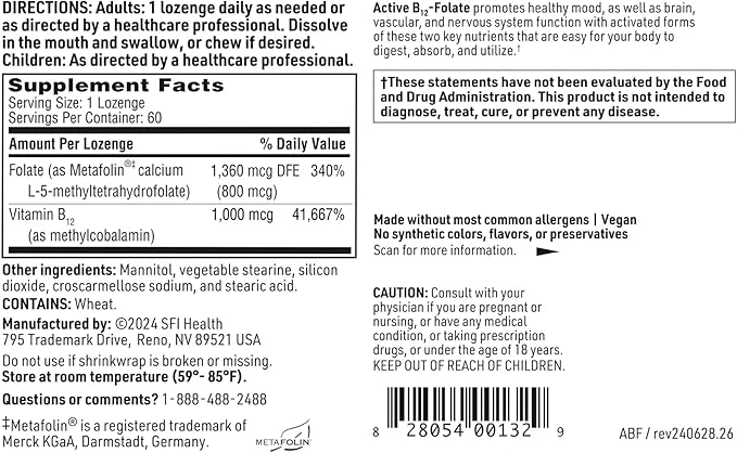 Klaire Labs SFI Health Active B12 - Folate Supplement - Dissolvable Lozenge with Methyl Folate &amp Vitamin B12 Methylcobalamin - Highly Absorbable - Support Healthy Mood Energy &amp Cognition (60