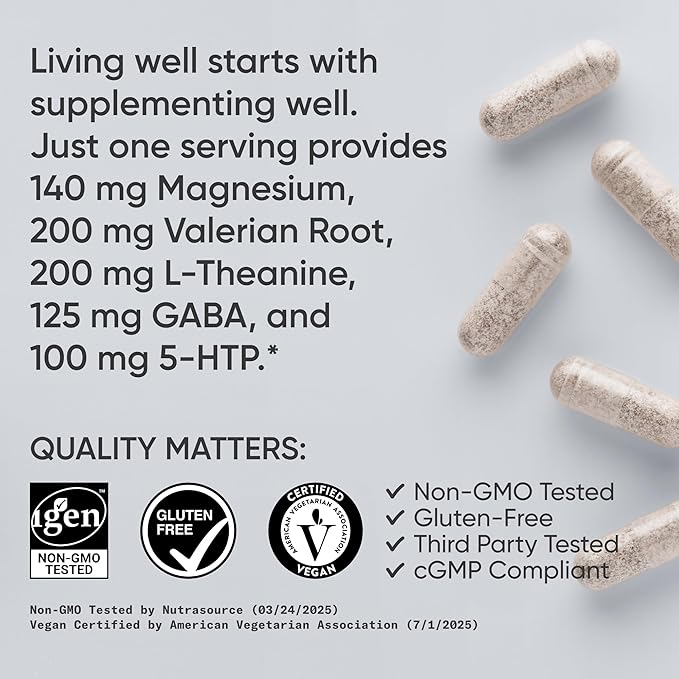 Sports Research® Sleep Complex- Melatonin-Free Vegan Capsules - with Valerian Root GABA L-Theanine Magnesium &amp 5-HTP - 30 Servings