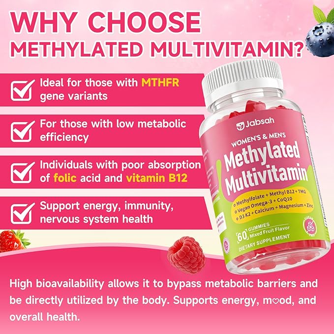 Methylated Vitamin B Complex Gummies for Women &amp Men Multivitanins Gummy with Vitamin A C E Methylfolate &amp B12 TMG Calcium D3 K2 Magnesium &amp More for Overall Health-Vegan Sugar Fr