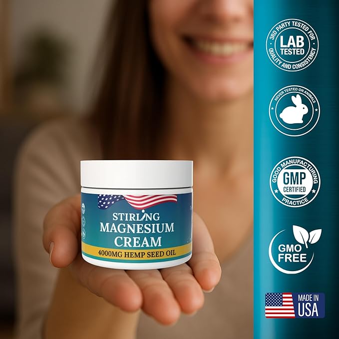 STIRLING Magnesium Cream - 4000mg Hemp Seed Oil + Magnesium &amp Arnica - Supports Joint Mobility Muscle Comfort &amp Back Function - Made in USA with Premium Ingredients