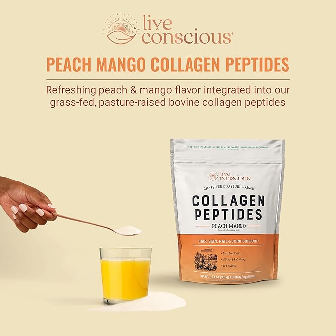 Live Conscious Collagen Peptides Powder - Peach Mango Flavored Collagen Powder - Hair Skin Nail &amp Joint Support - Type I &amp III Grass-Fed Collagen Supplements for Women and Men - 30 Servings