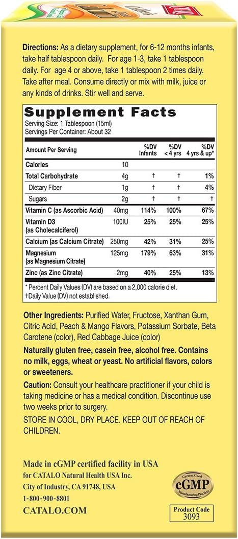 CATALO Children's Liquid Calcium with Magnesium &amp Zinc Peach and Mango 16 fl oz (474 ml)