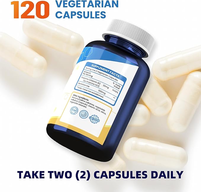 Vitamin B1 500mg 120 Caps Non-GMO &amp Vegan &amp Gluten-Free with Benfotiamine(3 Bottles)