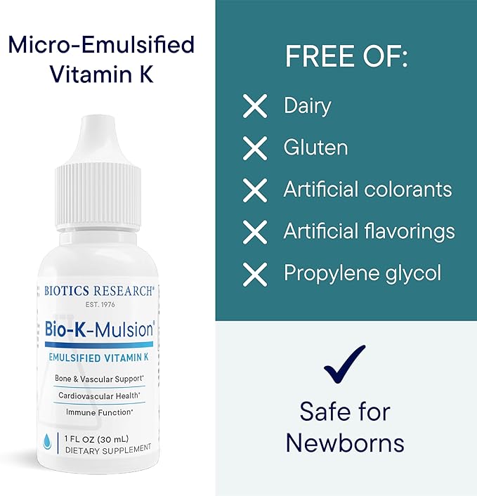 Biotics Research Bio K Mulsion Liquid Vitamin K Drops - 500 mcg/S - Vitamin K1 phytonadione for Adults - VIT K Supplement - Strong Bones Heart Health Blood Clotting Support 1 fl oz