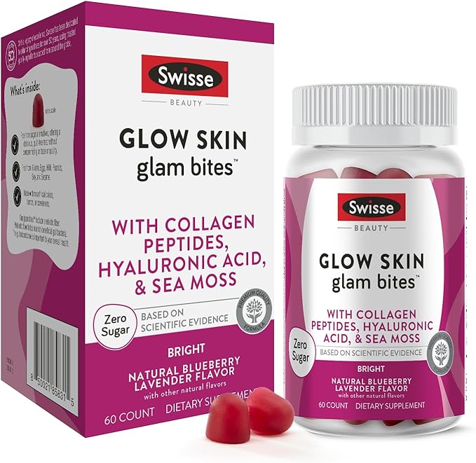 Swisse Glow Skin Glam Bites – Collagen Peptides Hyaluronic Acid &amp Sea Moss – Supports Skin Elasticity &amp Hydration – Zero Sugar Gummies for Adults – Blueberry Lavender Flavor 60 Count