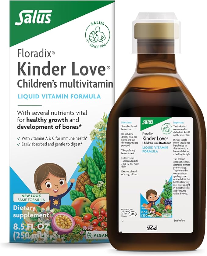Floradix Kinder Love Children's Multivitamin - Herbal Supplement - Liquid Multivitamin for Kids - Vitamins A C D &amp E Calcium &amp More - Vegetarian Non-GMO Gluten-Free - 8.5 fl oz